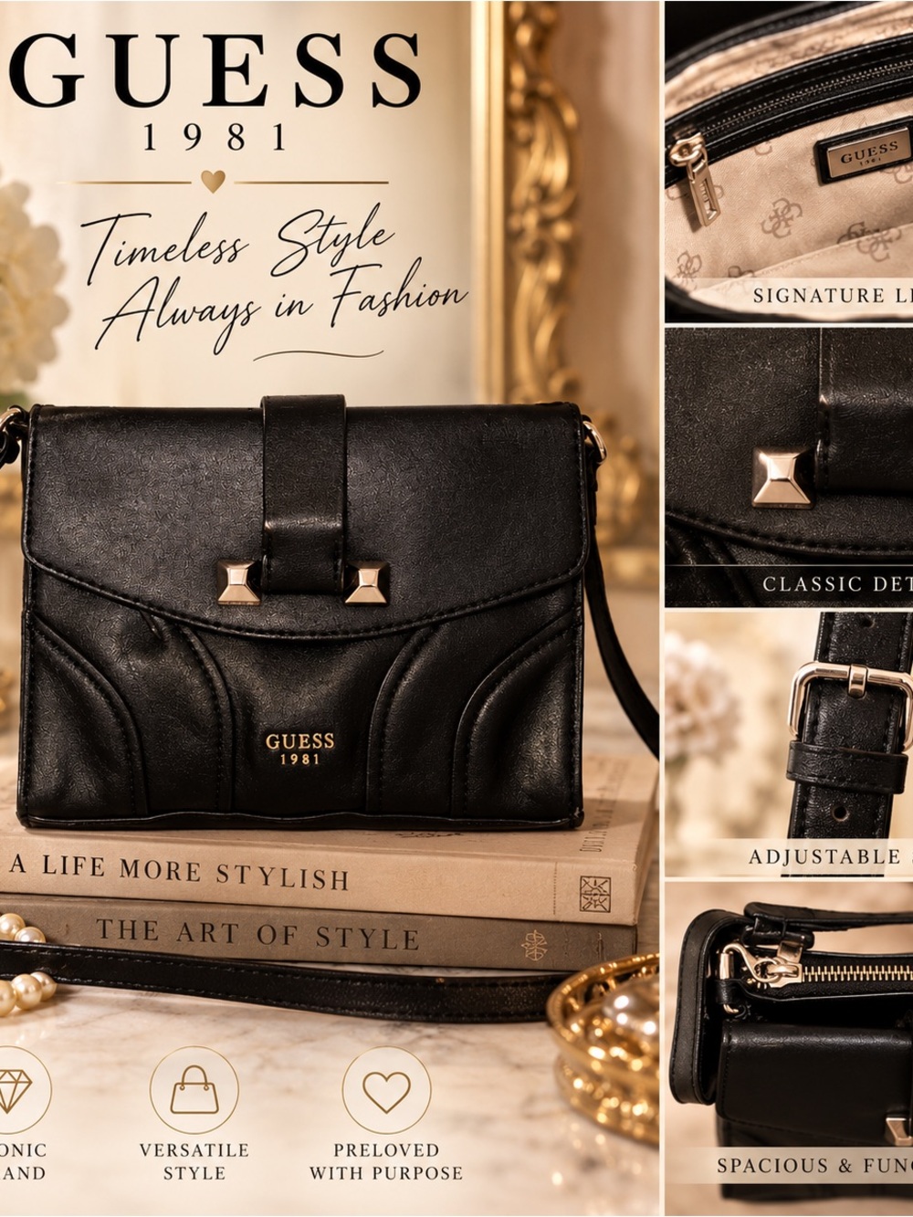 GUESS Black Quilted Crossbody Bag with Gold Hardware